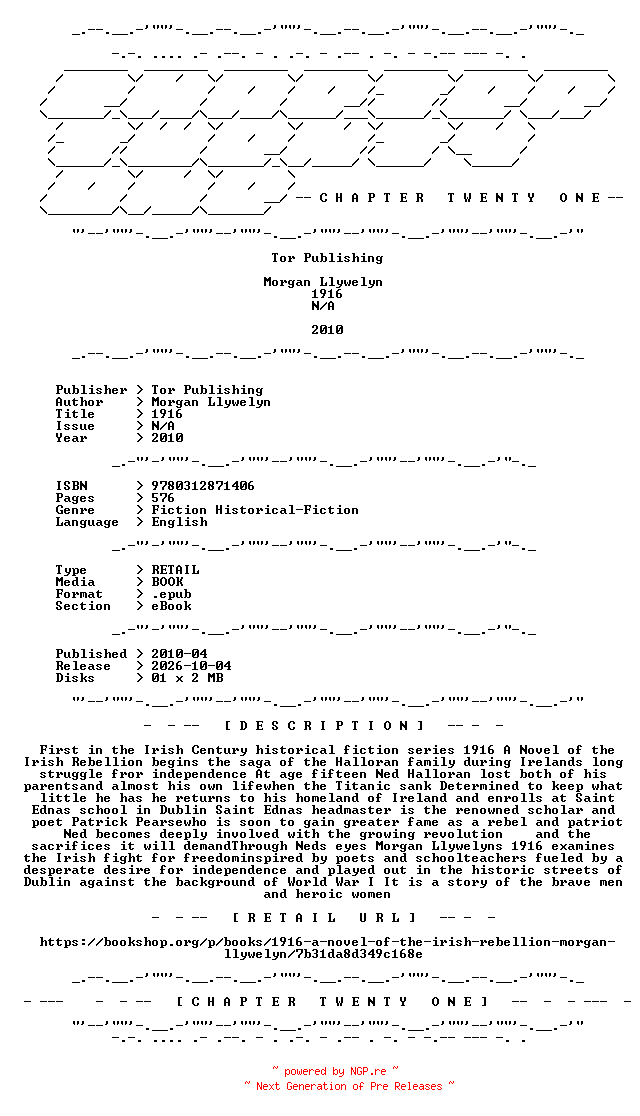 NFO for the release Morgan.Llywelyn.-.1916.2010.RETAIL.EPUB.eBook-CTO by CTO