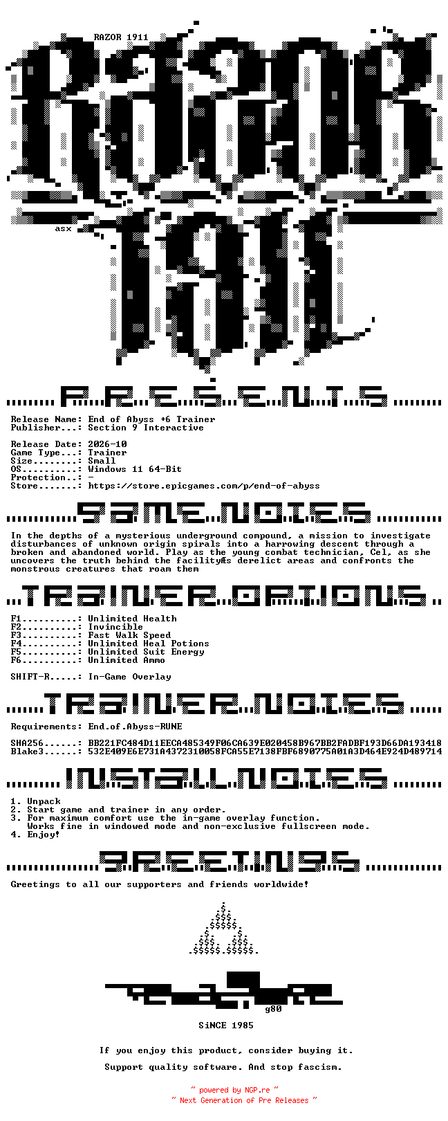 NFO for the release End_Of_Abyss_Plus_6_Trainer-RazorDOX by RazorDOX