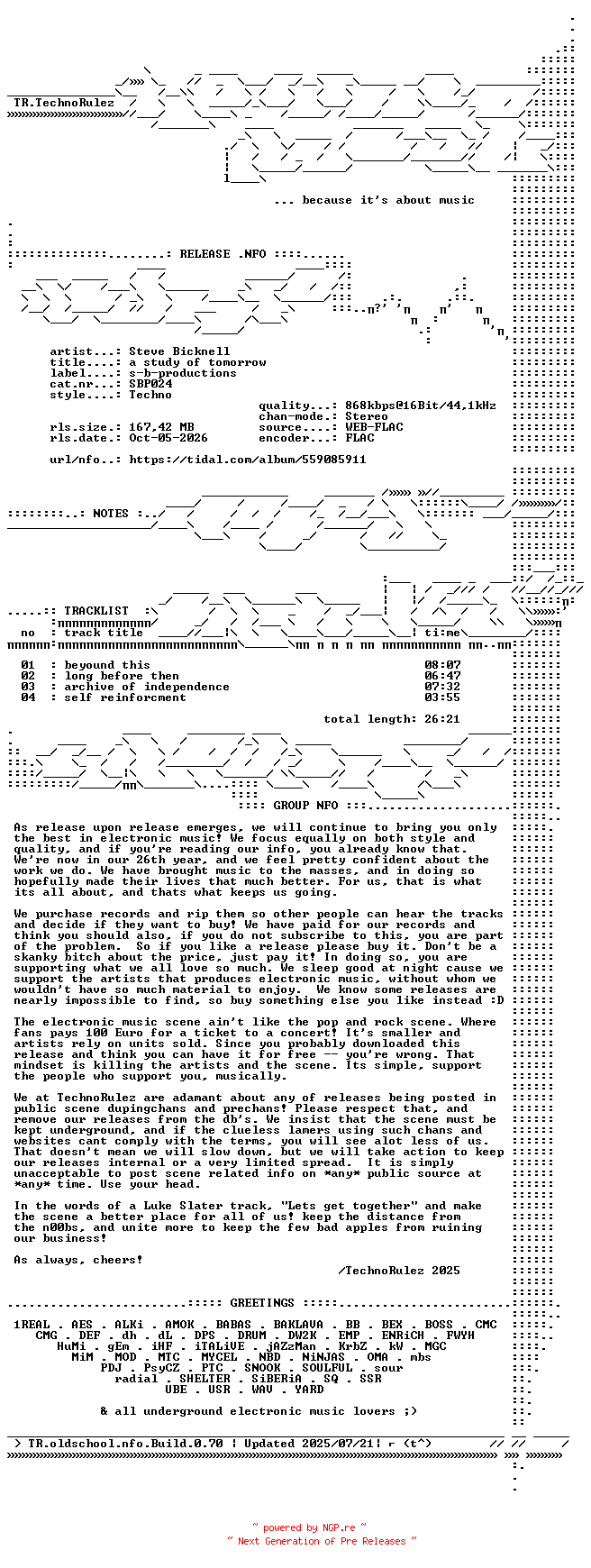 NFO for the release Steve_Bicknell-a_study_of_tomorrow-(SBP024)-16BIT-WEB-FLAC-2026-TR by TR