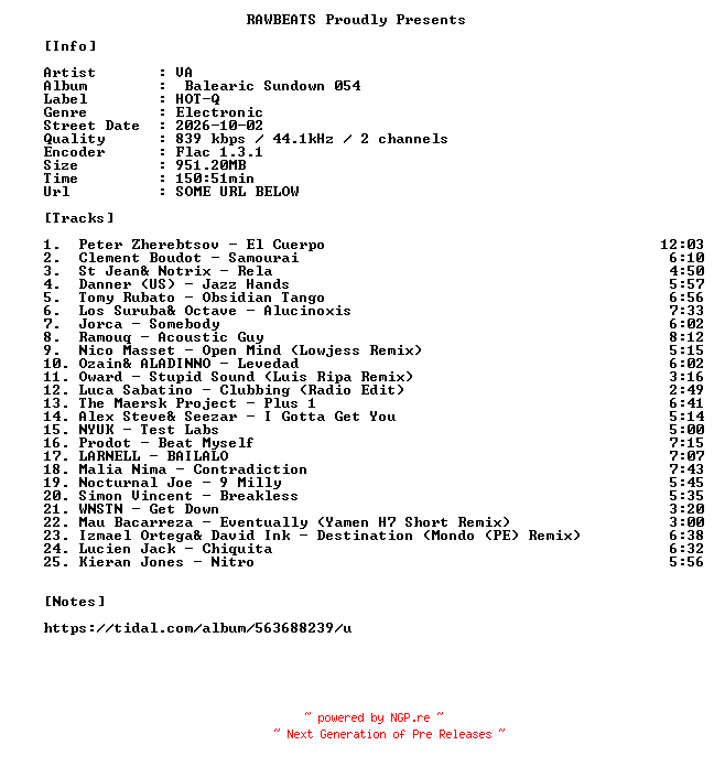 NFO for the release VA-Balearic_Sundown_054-16BIT-WEB-FLAC-2026-RAWBEATS by RAWBEATS