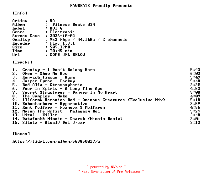 NFO for the release VA-Fitness_Beats_034-16BIT-WEB-FLAC-2026-RAWBEATS by RAWBEATS