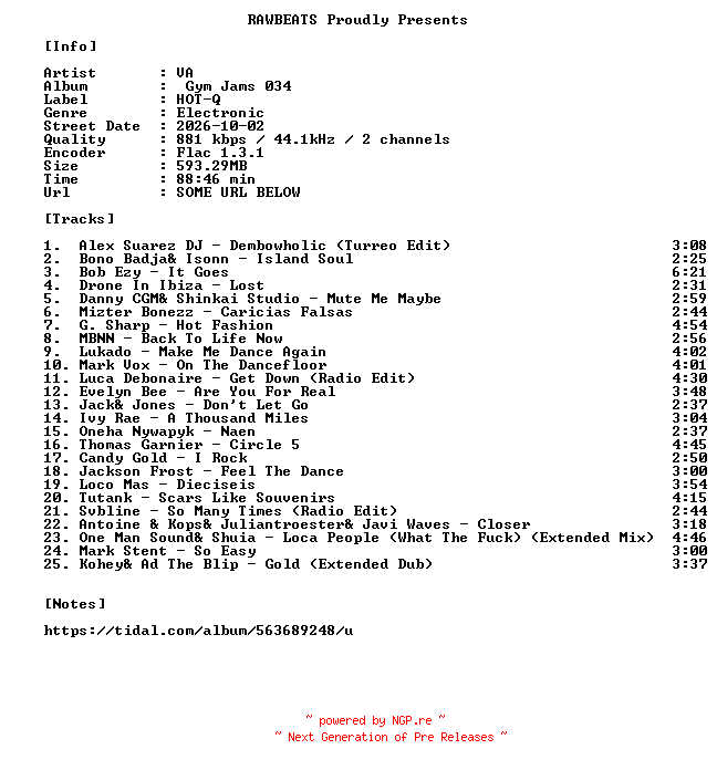 NFO for the release VA-Gym_Jams_034-16BIT-WEB-FLAC-2026-RAWBEATS by RAWBEATS