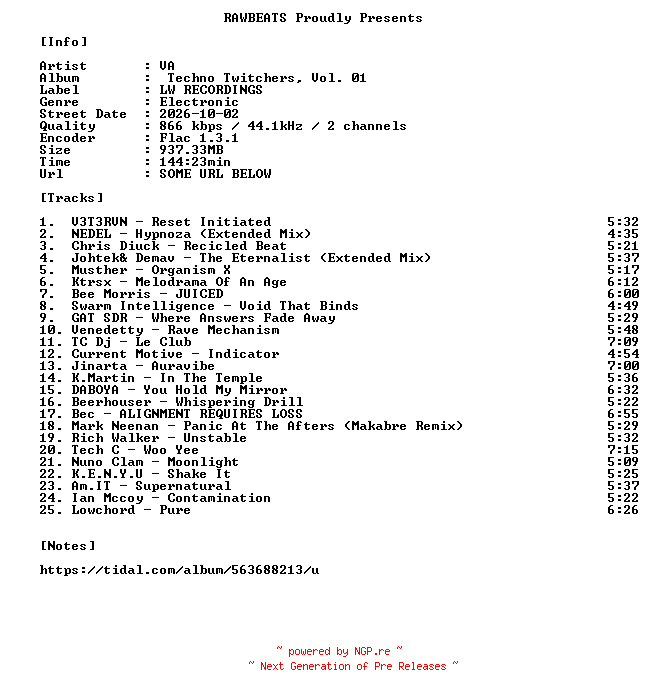 NFO for the release VA-Techno_Twitchers_Vol._01-16BIT-WEB-FLAC-2026-RAWBEATS by RAWBEATS