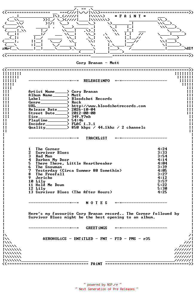 NFO for the release Cory_Branan-Mutt-CD-FLAC-2012-FAiNT by FAiNT