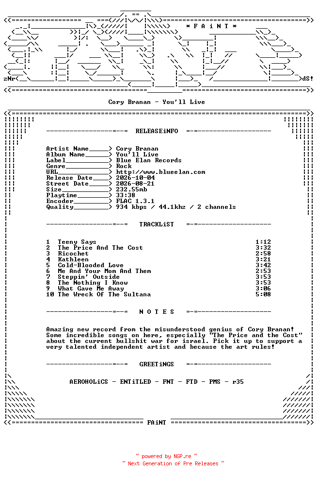 NFO for the release Cory_Branan-Youll_Live-CD-FLAC-2026-FAiNT by FAiNT