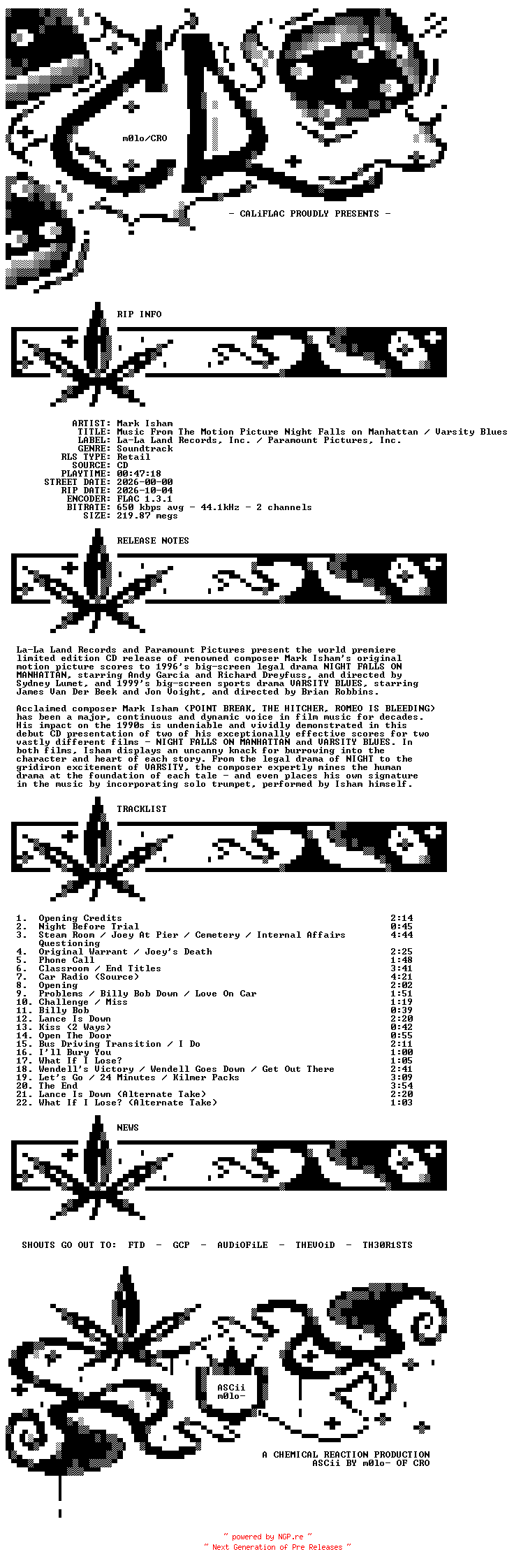 NFO for the release Mark_Isham-Music_From_Night_Falls_on_Manhattan_and_Varsity_Blues-OST_Limited_Edition-CD-FLAC-2026-CALiFLAC by CALiFLAC