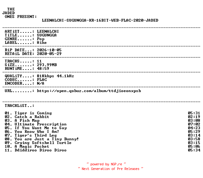 NFO for the release LEENALCHI-SUGUNGGA-KR-16BIT-WEB-FLAC-2020-JADED by JADED
