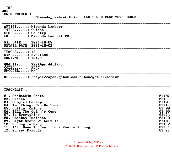NFO for the release Miranda_Lambert-Crisco-16BIT-WEB-FLAC-2026-JADED by JADED