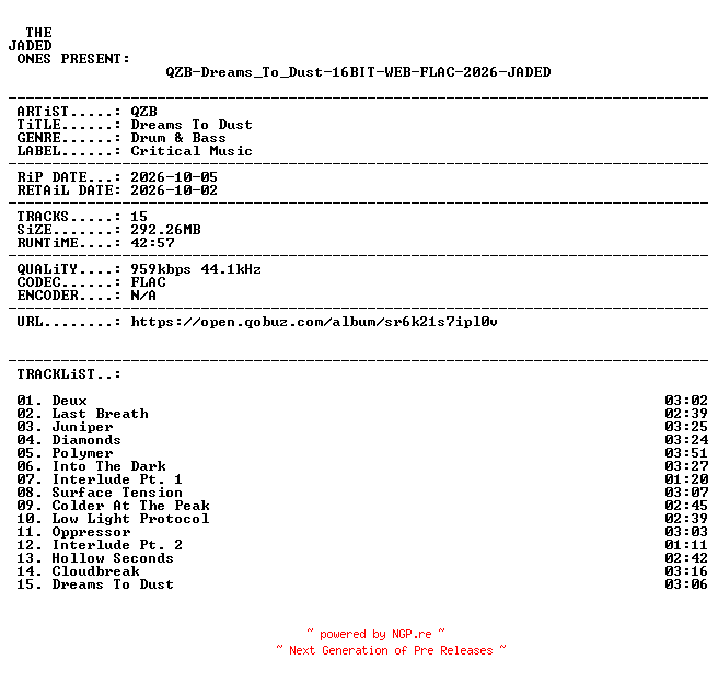 NFO for the release QZB-Dreams_To_Dust-16BIT-WEB-FLAC-2026-JADED by JADED