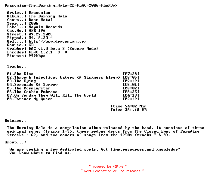NFO for the release Draconian-The_Burning_Halo-CD-FLAC-2006-FLaKJaX by FLaKJaX