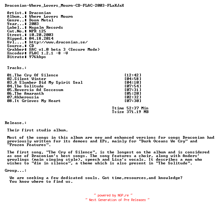 NFO for the release Draconian-Where_Lovers_Mourn-CD-FLAC-2003-FLaKJaX by FLaKJaX