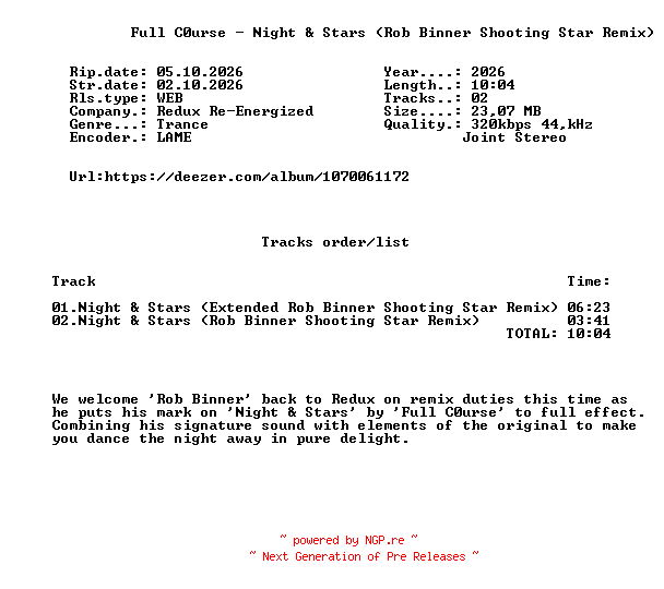 NFO for the release Full_C0urse_-_Night_And_Stars_(Rob_Binner_Shooting_Star_Remix)-(RDXRE026)-WEB-2026-FMC by FMC