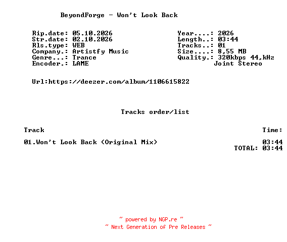 NFO for the release BeyondForge_-_Wont_Look_Back_(Original_Mix)-SINGLE-WEB-2026-FMC by FMC