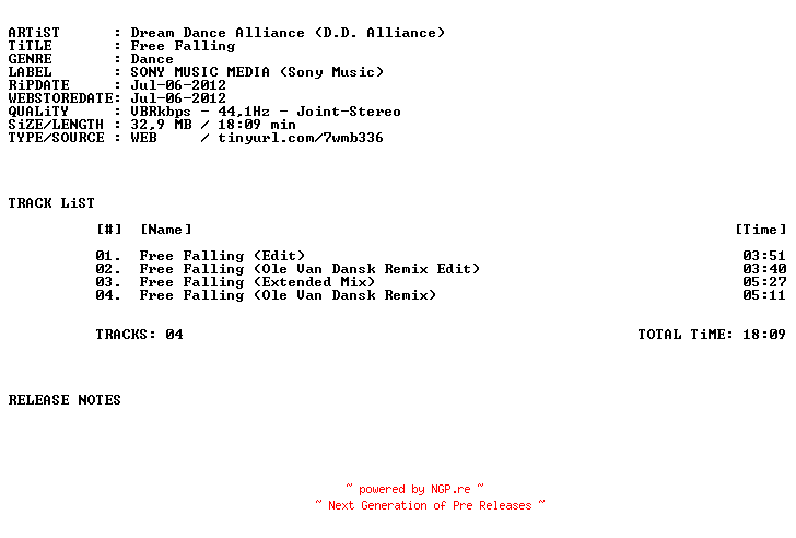 NFO for the release dream_dance_alliance_(d.d._alliance)-free_falling-web-2012 by 2012
