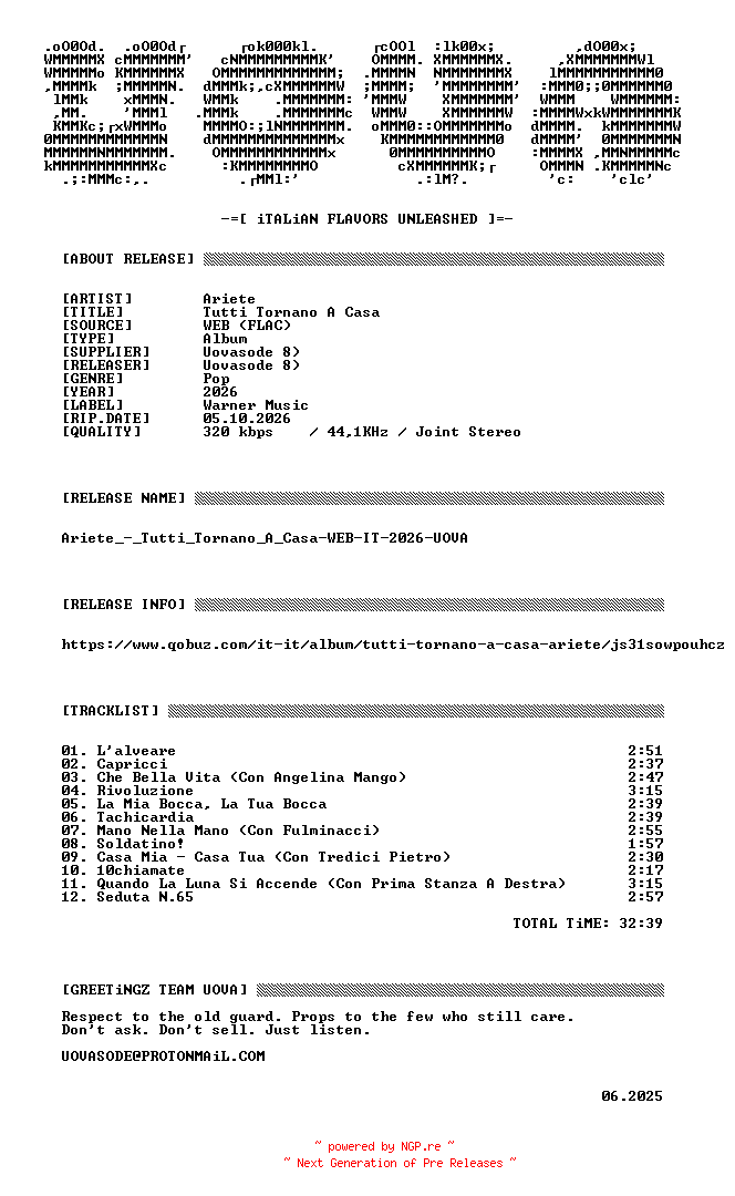 NFO for the release Ariete_-_Tutti_Tornano_A_Casa-WEB-IT-2026-UOVA by UOVA
