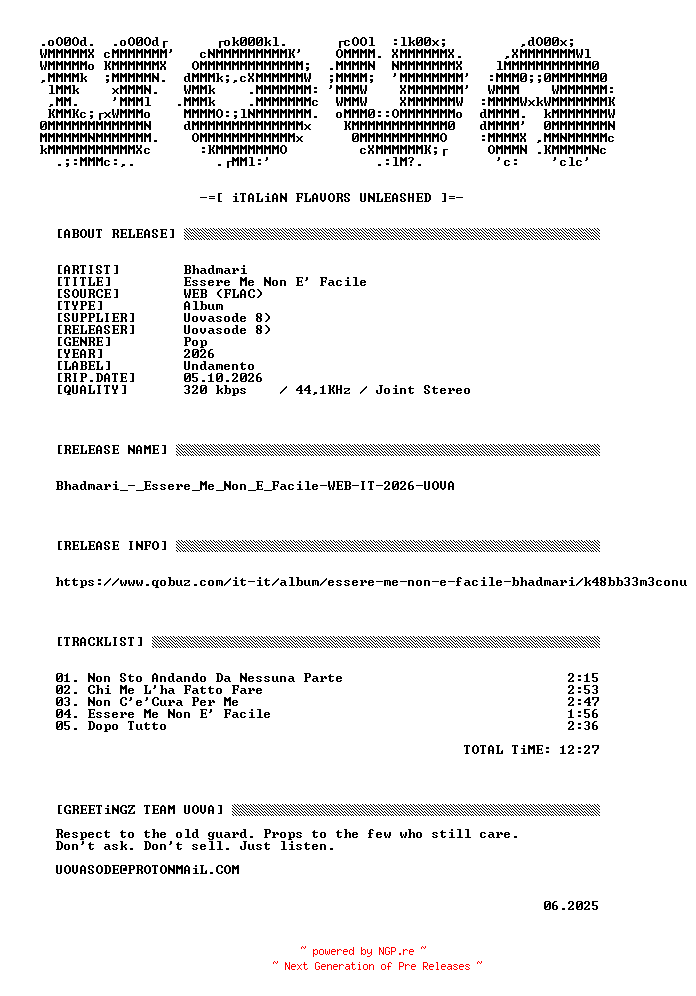 NFO for the release Bhadmari_-_Essere_Me_Non_E_Facile-WEB-IT-2026-UOVA by UOVA