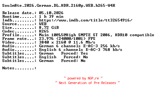 NFO for the release Soulm8te.2026.German.DL.HDR.2160p.WEB.h265-W4K by W4K