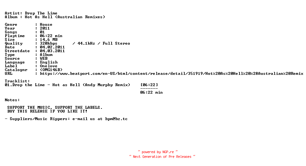 NFO for the release drop_the_lime_-_hot_as_hell_(australian_remixes)-(omg146b)-web-2011 by 2011