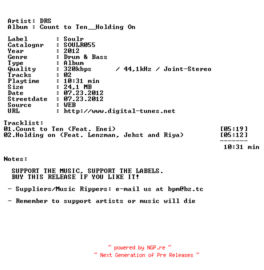 NFO for the release drs-count_to_ten__holding_on-(soulr055)-web-2012 by 2012
