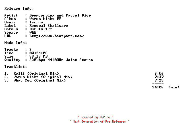 NFO for the release drumcomplex_and_pascal_dior-warum_nicht_ep-(rspdigi197)-web-2010 by 2010