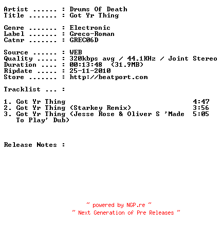 NFO for the release drums_of_death-got_yr_thing-(grec06d)-web-2009 by 2009