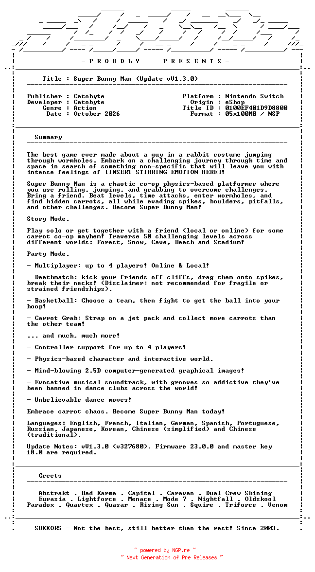 NFO for the release Super_Bunny_Man_Update_v1.3.0_NSW-SUXXORS by SUXXORS