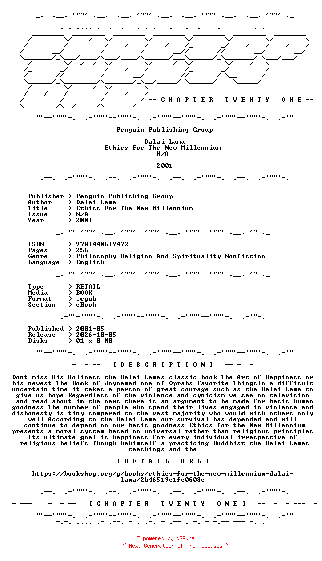 NFO for the release Dalai.Lama.-.Ethics.For.The.New.Millennium.2001.RETAIL.EPUB.eBook-CTO by CTO
