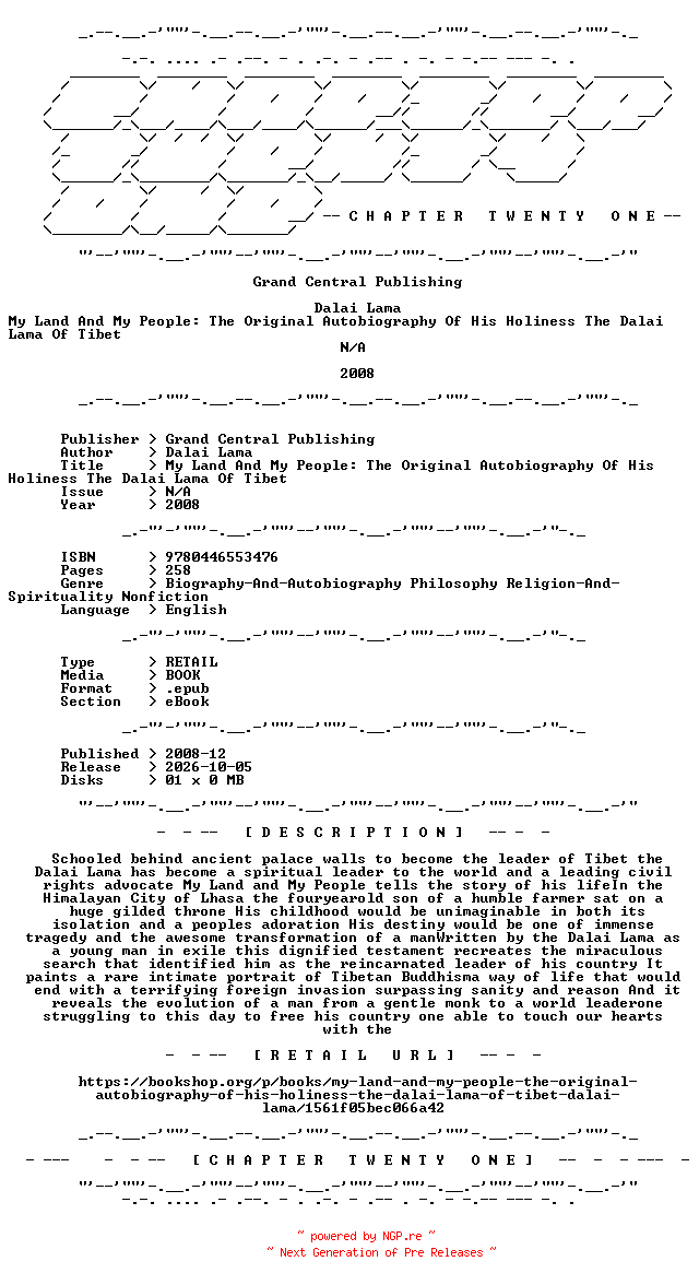 NFO for the release Dalai.Lama.-.My.Land.And.My.People.The.Original.Autobiography.Of.His.Holiness.The.Dalai.Lama.Of.Tibet.2008.RETAIL.EPUB.eBook-CTO by CTO
