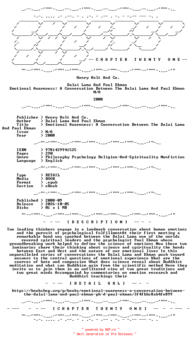 NFO for the release Dalai.Lama.And.Paul.Ekman.-.Emotional.Awareness.A.Conversation.Between.The.Dalai.Lama.And.Paul.Ekman.2008.RETAIL.EPUB.eBook-CTO by CTO