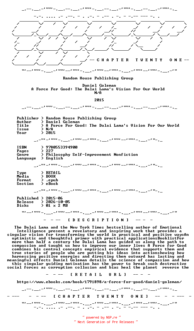 NFO for the release Daniel.Goleman.-.A.Force.For.Good.The.Dalai.Lamas.Vision.For.Our.World.2015.RETAIL.EPUB.eBook-CTO by CTO
