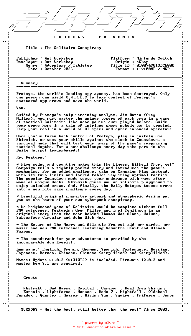 NFO for the release The_Solitaire_Conspiracy_NSW-SUXXORS by SUXXORS