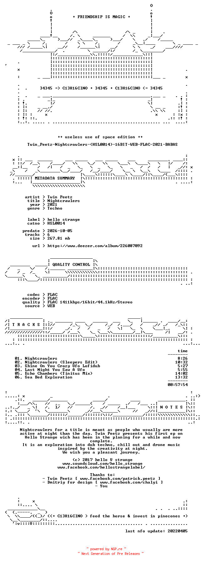 NFO for the release Twin_Peetz-Nightcrawlers-(HSL0014)-16BIT-WEB-FLAC-2021-BABAS by BABAS