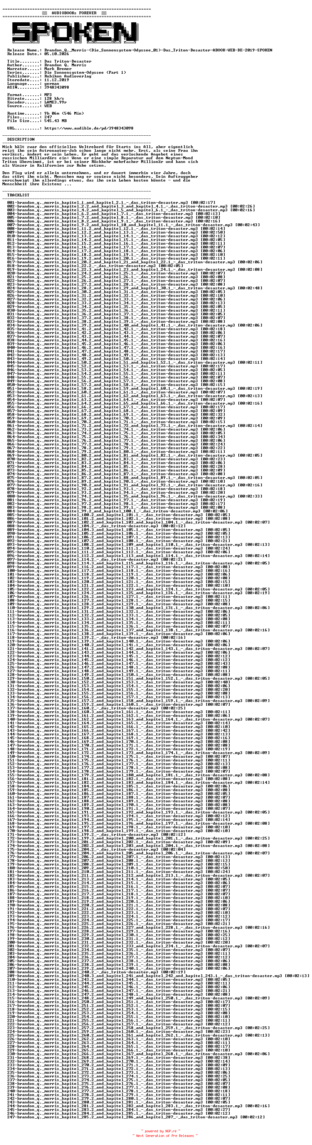 NFO for the release Brandon_Q._Morris-(Die_Sonnensystem-Odyssee_01)-Das_Triton-Desaster-ABOOK-WEB-DE-2019-SPOKEN by SPOKEN