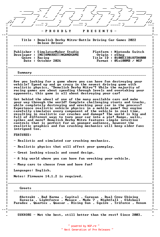 NFO for the release Demolish_Derby_Nitro-Battle_Driving_Car_Games_2022_Deluxe_Driver_NSW-SUXXORS by SUXXORS