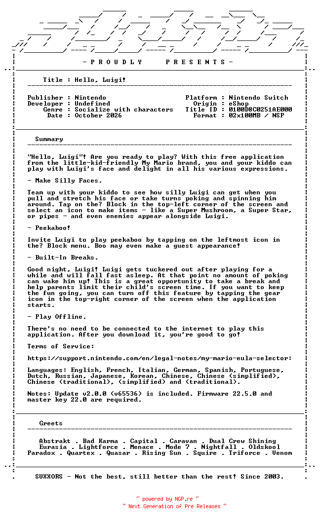 NFO for the release Hello_Luigi_INTERNAL_NSW-SUXXORS by SUXXORS