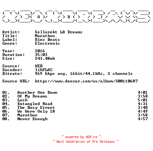 NFO for the release Sellorekt_LA_Dreams-Marathon-16BIT-WEB-FLAC-2016-NeonDreams by NeonDreams