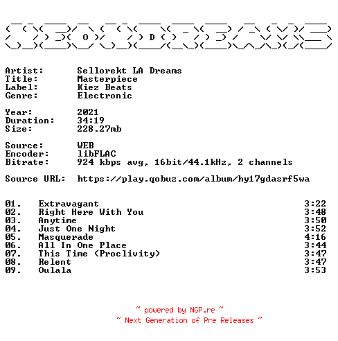 NFO for the release Sellorekt_LA_Dreams-Masterpiece-16BIT-WEB-FLAC-2021-NeonDreams by NeonDreams