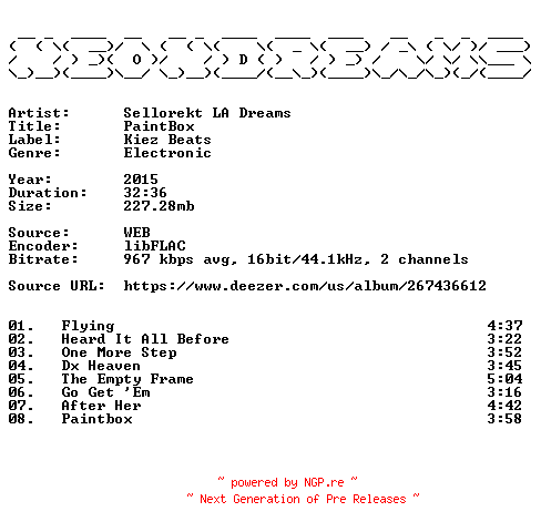 NFO for the release Sellorekt_LA_Dreams-PaintBox-16BIT-WEB-FLAC-2015-NeonDreams by NeonDreams