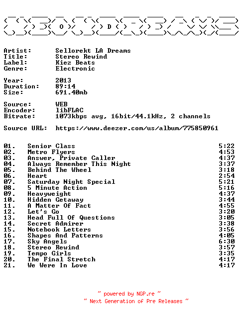 NFO for the release Sellorekt_LA_Dreams-Stereo_Rewind-16BIT-WEB-FLAC-2013-NeonDreams by NeonDreams