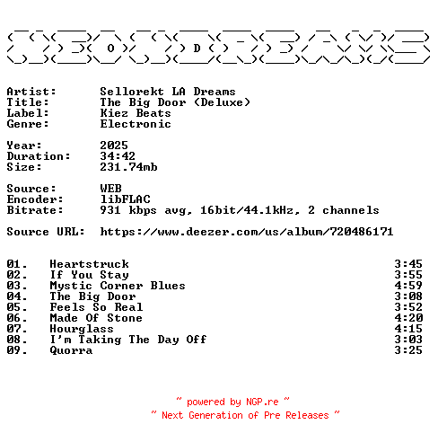 NFO for the release Sellorekt_LA_Dreams-The_Big_Door_(Deluxe)-16BIT-WEB-FLAC-2025-NeonDreams by NeonDreams