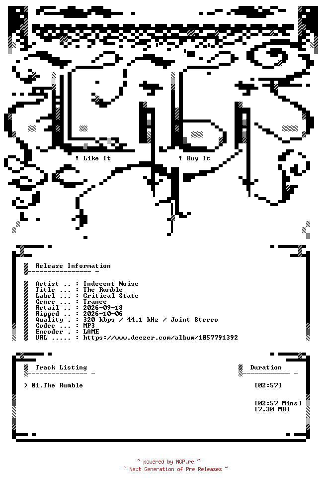 NFO for the release Indecent_Noise-The_Rumble-(CSR563)-SINGLE-WEB-2026-LiBi by LiBi