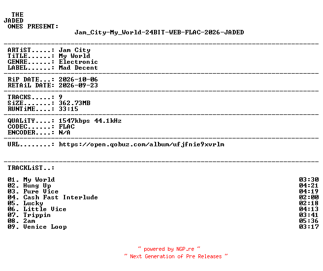 NFO for the release Jam_City-My_World-24BIT-WEB-FLAC-2026-JADED by JADED