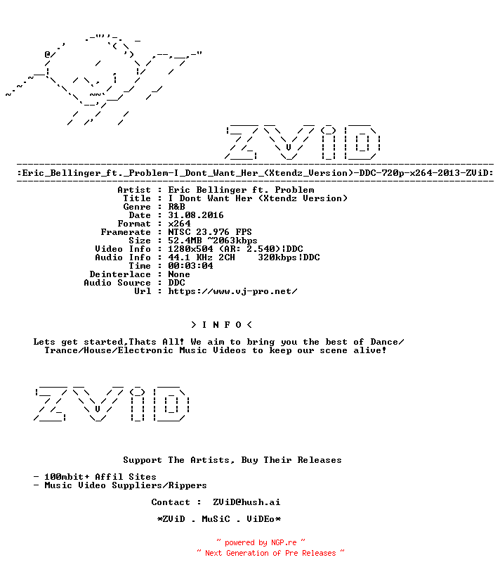 NFO for the release Eric_Bellinger_ft._Problem-I_Dont_Want_Her_(Xtendz_Version)-DDC-720p-x264-2013-ZViD by ZViD