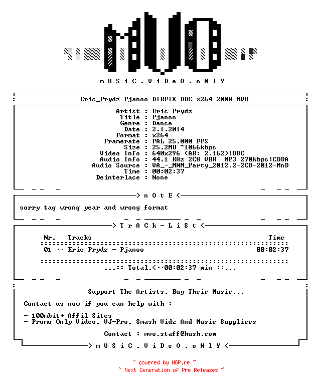 NFO for the release Eric_Prydz-Pjanoo-DIRFIX-DDC-x264-2008-MVO by MVO