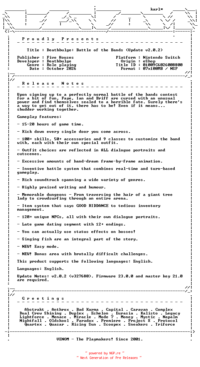 NFO for the release Deathbulge_Battle_of_the_Bands_Update_v2.0.2_NSW-VENOM by VENOM