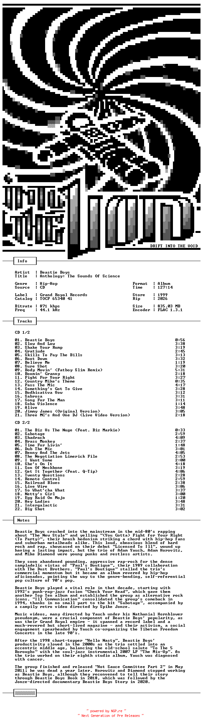 NFO for the release Beastie_Boys-Anthology-The_Sounds_Of_Science-JP_Retail-2CD-FLAC-1999-THEVOiD by THEVOiD