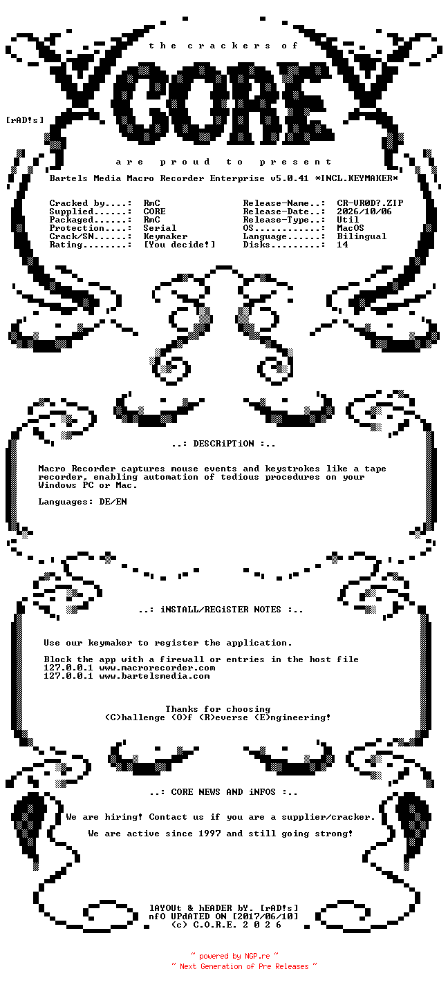 NFO for the release Bartels.Media.Macro.Recorder.Enterprise.v5.0.41.MacOS.UB.Bilingual.Incl.Keymaker-CORE by CORE