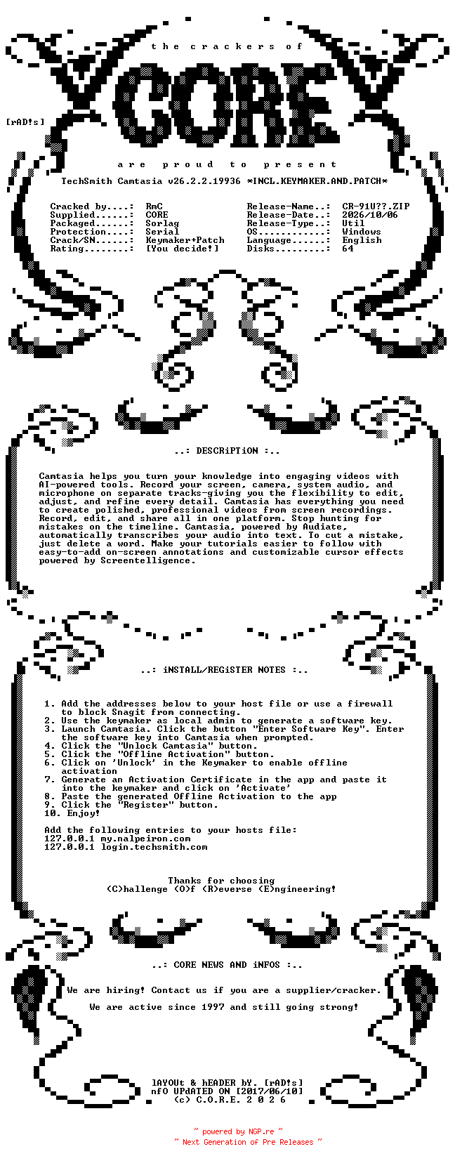 NFO for the release TechSmith.Camtasia.v26.2.2.19936.x64.Incl.Keymaker.and.Patch-CORE by CORE