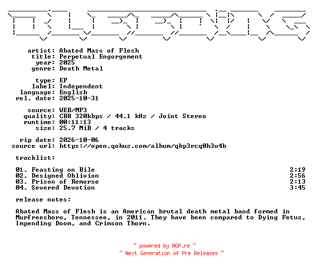 NFO for the release Abated_Mass_of_Flesh-Perpetual_Engorgement-EP-WEB-2025-BLEEDiNG by BLEEDiNG