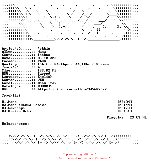 NFO for the release Askkin-Mana-ROOM037-16BIT-WEB-FLAC-2024-WAVED by WAVED